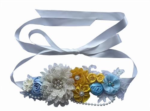 Pearls flowers maternity belt for baby shower pregnancy sash - color: Yellow Blue
