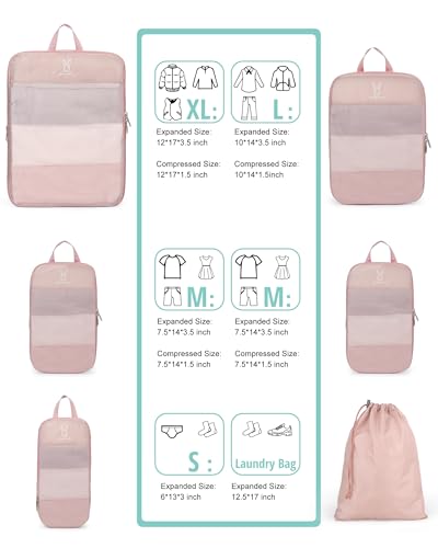 6/8 Set Space Saving Compression Packing Cubes Lightweight Packing Cube - color: Pink, size: 8 Pcs(XL,L*2,M*2,S,laundry bag,shoes bag)