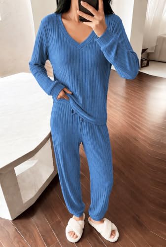 Ekouaer Lounge Sets for Women Long Sleeve Ribbed Knit Pajama Set - color: Blue, size: Small