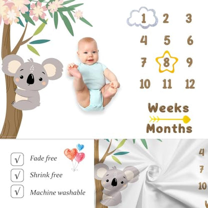Cute Climbing Koala Baby Monthly Milestone Blanket Cartoon Floral Tree