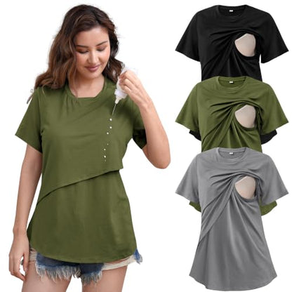 SUNNYBUY Women's Nursing Tops 3 Pack, Breastfeeding Shirts Maternity Tee - color: Black/Charcoal Gray/Olive, size: X-Large