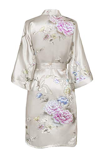 KIM+ONO Satin Short Kimono Robe for Women - color: Chrysanthemum & Crane - Willow