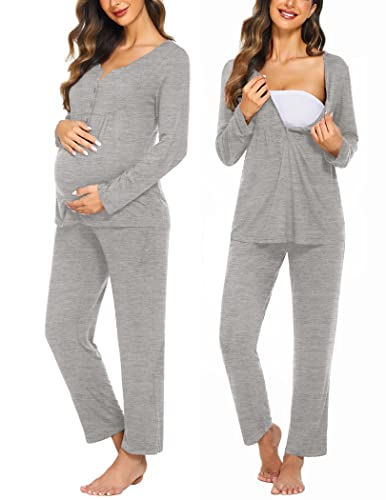 Ekouaer Maternity Nursing Pajama Set Long Sleeve Postpartum Pjs Mom Clothes - color: Heather Grey, size: Medium