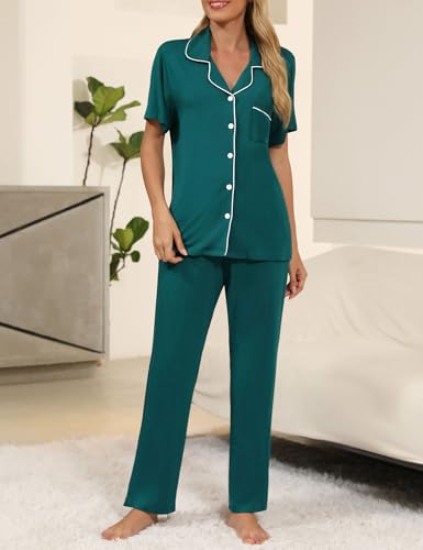 Senert Womens 2 Piece Pajamas Set Button Down Top and Pants Soft Sleepwear - color: Green, size: X-Large