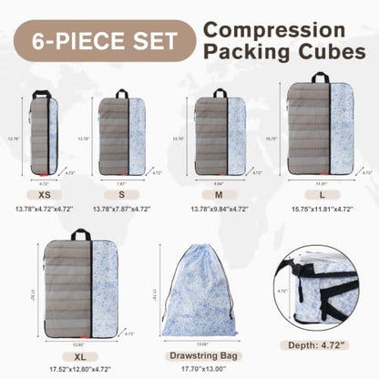 U+U 6 Set Compression Packing Cubes, Travel Organizers (Blue Flower) - color: Blue Flower, size: 6 Set