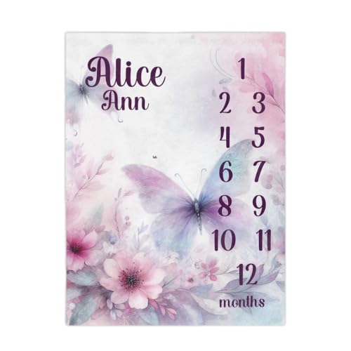 Customized Month Blanket for Baby Girl, Custom Watercolor Flowers and Butterflies Blanket for Newborn, Monthly Milestone Photo Throw, Baby Photos - color: Watercolor Flowers and Butterflies