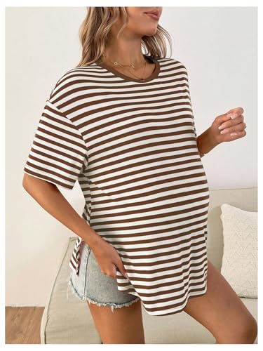 OYOANGLE Women's Striped Short Sleeve Maternity T Shirts Crewneck Split Hem Casual Tee Tops - size: Medium