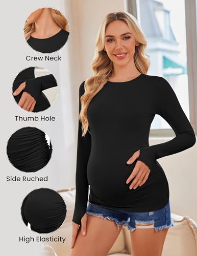 Ekouaer Womens 3 Pack Long Sleeve Maternity Shirts Thumb Hole Tops - color: 3pcs Black / Khaki / White, size: Small