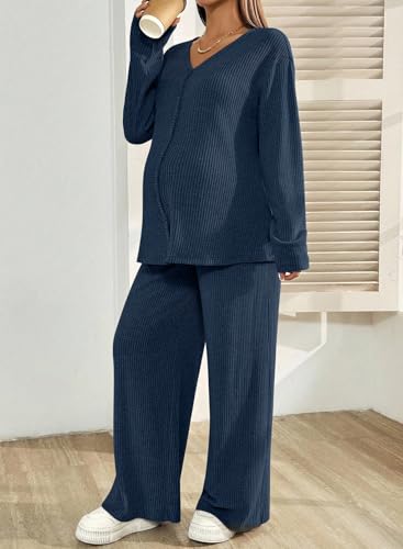 BLENCOT Maternity Lounge Set 2 Piece Long Sleeve Top and Pants with Pockets - color: Dark Blue, size: Medium