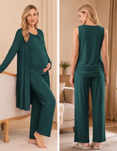Women 3PCS Maternity Robe Sets Nursing Pajamas Postpartum Breastfeeding Pjs - color: Lake Green, size: Small