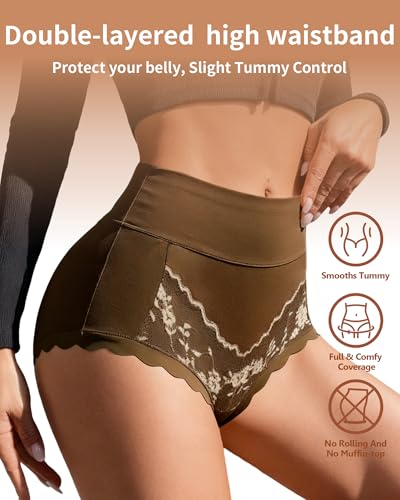 Annenmy Womens Cotton High Waisted Underwear Full Coverage Lace Panties Scalloped Edge Briefs 5 Pack Regular & Plus Size - color: Multicolora, size: Medium