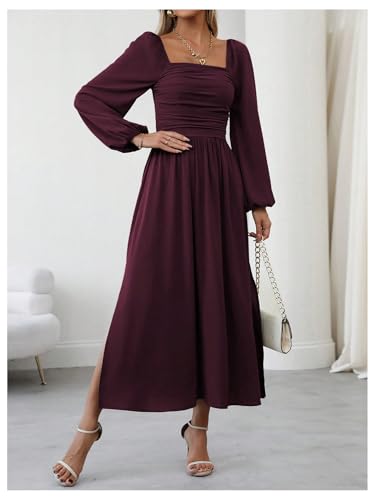 Floerns Women's Square Neck Lantern Long Sleeve Split Ruched Midi Dresses - color: Maroon, size: Medium