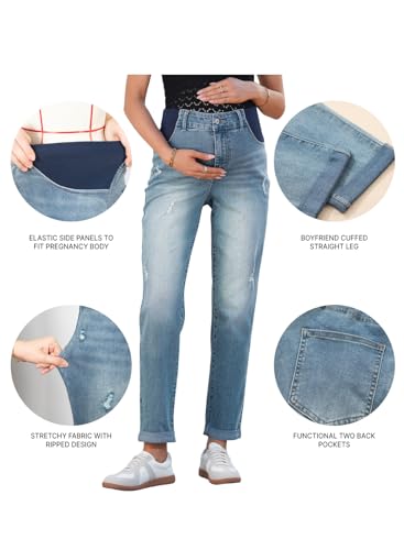BLENCOT Maternity Jeans High Rise Stretchy Waistband Straight Leg - color: Myosotis, size: Medium