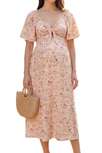 OUGES Women's V Neck Maternity Dress Baby Shower Midi Dresses with Pockets - color: Pink Floral, size: XX-Large
