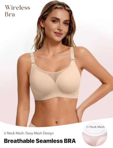 Avidlove Wireless Bras for Women Seamless Full Coverage Bra Mesh Comfy Bralette Tshirt Everyday Bras - color: Nude, size: Large