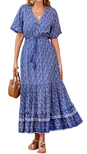 R.Vivimos Womens Summer V Neck Floral Print Boho Midi Dress - color: Blue, size: X-Large