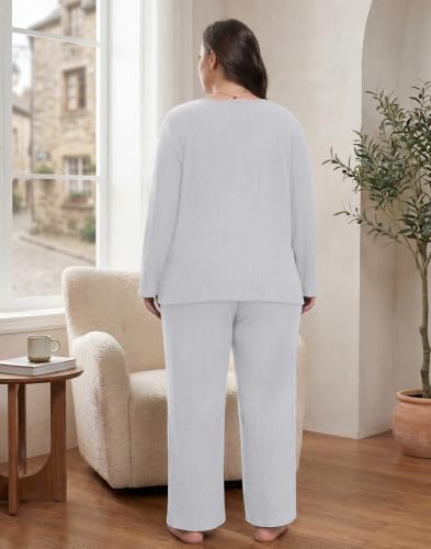 Plus Size Pajama Set for Women Long Sleeve Loose Fit Loungewear - color: Light Gray, size: XX-Large Plus