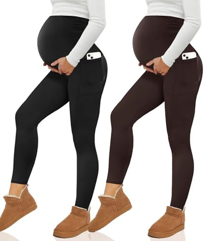 Happy.angel 2 Pack Maternity Fleece Lined Leggings with Pockets for Winter - color: Black/ Coffee, size: Medium