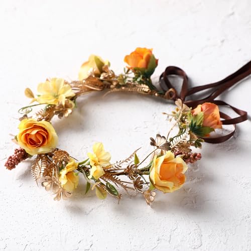 Fairy Rose Flower Crown, Autumn Yellow Flower Headband - color: Orange