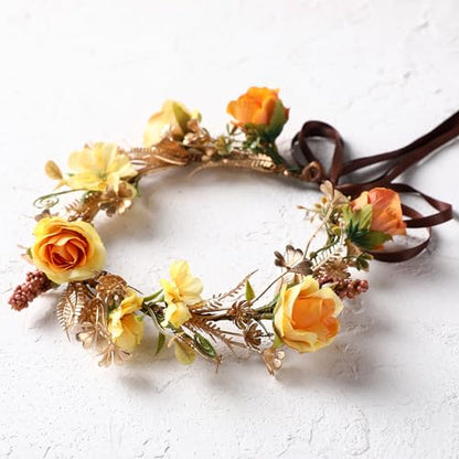 Fairy Rose Flower Crown, Autumn Yellow Flower Headband - color: Orange