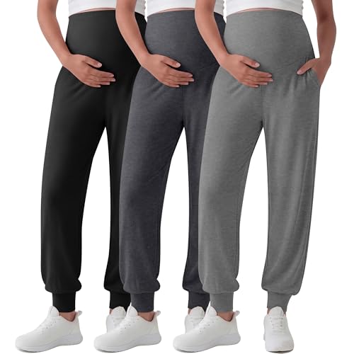 3 Pack Women's Maternity Pants - color: Light Heather Gray, Dark Heather Gray, Black, size: Large