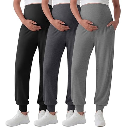 3 Pack Women's Maternity Pants - color: Light Heather Gray, Dark Heather Gray, Black, size: Medium
