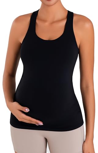 Sunzel Maternity Tank Top with Built in Bra, Racerback Pregnancy Cami - color: Black, size: Large