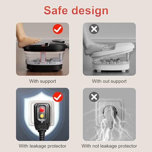 GEHONA Collapsible Foot Spa Bath with Heat, Foot Massager with Two Side Supports, Leakage Protector, Temperature Control, Bubbles, Red Light, Timer, Feet Soaker, Gifts (Deep Black) - color: Deep Black