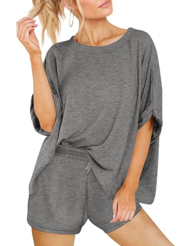 Tankaneo Womens 2 Piece Shorts Sets Oversized Short Sleeve Pajamas Sets - color: Dark Grey, size: Small