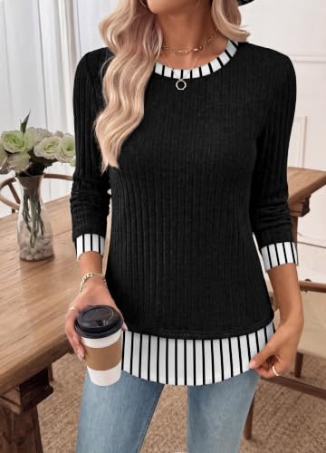 WIHOLL Womens Long Sleeve Shirts Fall Outfits Lightweight Sweaters 2026 - color: Black-striped, size: Medium