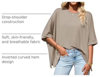 Tankaneo Womens Oversized Tshirts Batwing Short Sleeve Asymmetric Hem Tops - color: Brown, size: Large