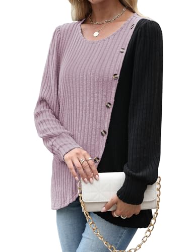 MixShe Womens Knit Sweaters 2026 Fall Winter Casual Long Sleeve Ribbed Colorblock Button Pullover Tops - color: Grey Pink, size: Small