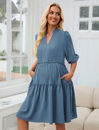 Angashion Women's Maternity Nursing Dress: V-Neck Hidden Zipper Pockets - color: Gray Blue, size: Small