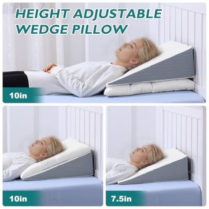 Bed Wedge Pillow for Sleep Apnea 10 Inch Gerd Pillow Patent Dual Layer Triangle Pillow Adjustable Shredded Memory Foam Topper Soft Support Ideal for Acid Reflux, After Surgery, Snoring - size: 24x24x10 Inch
