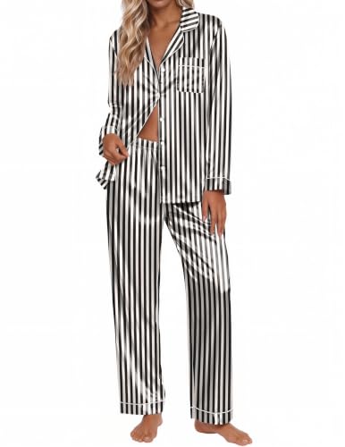 Ekouaer Silk Satin Pajamas for Womens Button Up Long Sleeve Pjs Lounge Set - color: Black Champagne Stripe, size: Large