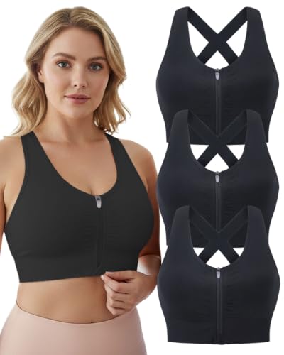 Women's Zip Front Post-Surgery Sports Bras, Wireless Padded Mastectomy Bra - color: Black 3 Pack, size: Medium