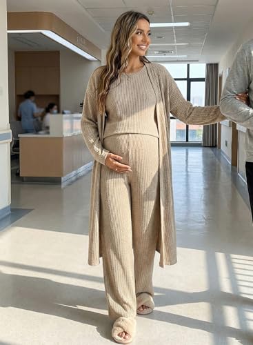 BLENCOT Maternity Sets Summer Ribbed Knit Pajamas Outfits - color: Khaki, size: Medium