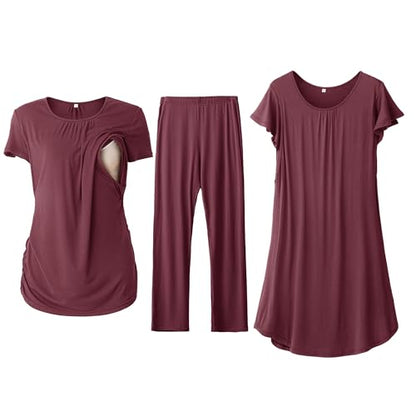 SUNNYBUY 3 PCS Maternity Nursing Sleepwear Set with Nightgown, Top & Pants - color: Burgundy, size: Medium