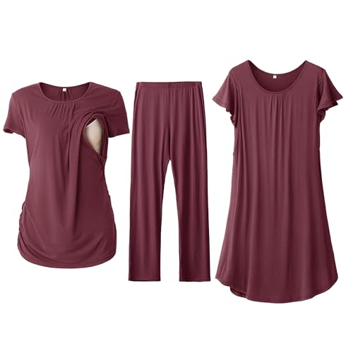 SUNNYBUY 3 PCS Maternity Nursing Sleepwear Set with Nightgown, Top & Pants - color: Burgundy, size: Medium