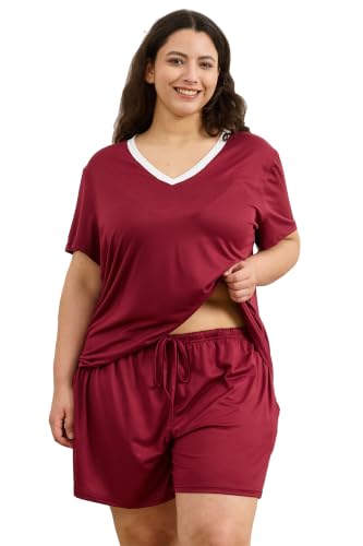 Plus Size Women Pajama Sets Summer Shorts Sleepwear V Neck PJS - color: Wine Red, size: 5X-Large