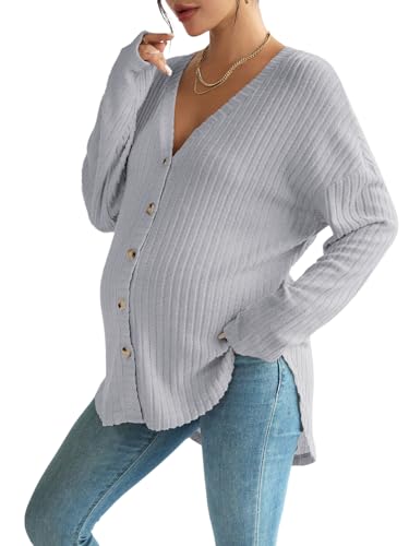 COZYEASE Women's Maternity Button Down Shirt Casual Cardigan Fall Sweaters - color: Medium Grey, size: Small