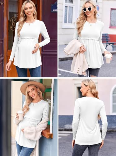 Ekouaer Maternity Shirts 3 Pack Pleated Long Sleeve Tops Pregnancy Clothes - color: Black/Brown/White, size: Medium