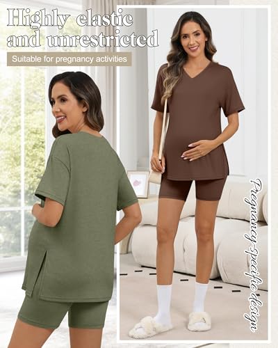 2 Pack Women Maternity Set Pregnancy Outfit - color: Gray Green, Coffee, size: Large
