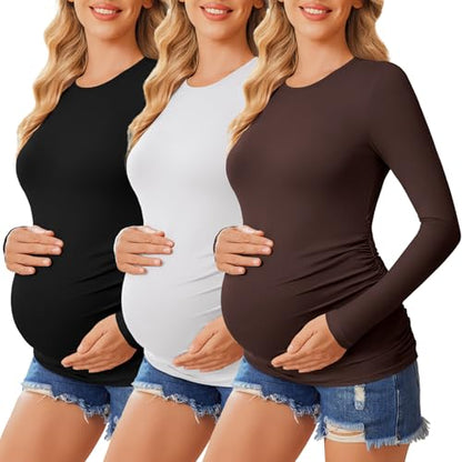 Ekouaer Women's Maternity Crew Neck Long Sleeve Tee 3 Pack - color: 3pcs Black / Brown / White, size: Medium