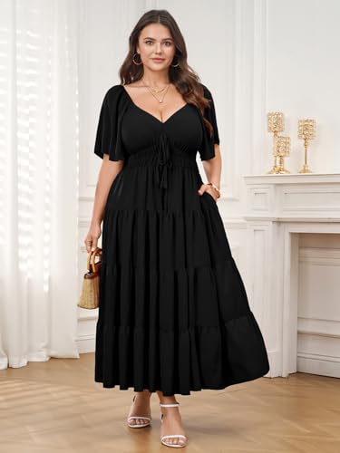 Plus Size Casual Summer Boho Maxi Long Dresses for Curvy Women - color: Black, size: 3X-Large Plus