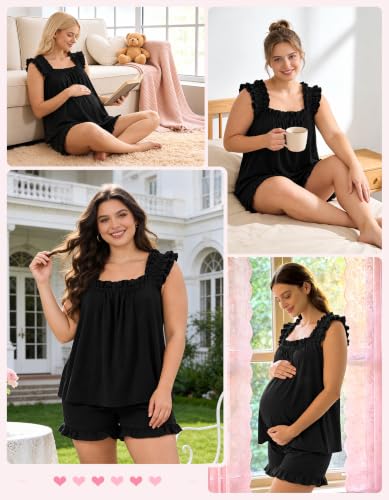 SIMIYA Pajamas for Women Set Ruffle 2 Piece Pj Sets Soft Bridal Sleepwear - color: Black, size: Medium