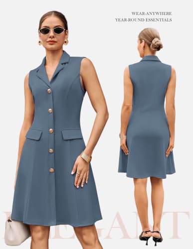 GRACE KARIN Women's Sleeveless Button Down Work Professional Dresses - color: Gray Blue, size: Large