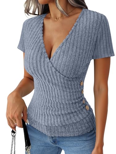 ANRABESS Women Short Sleeve V Neck Shirts - color: Blue, size: Large