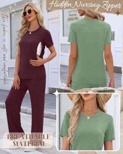 Ficerd 2 Pack Maternity Nursing Pajama Breastfeeding Sets Pjs - color: Sage Green, Wine Red, size: XX-Large