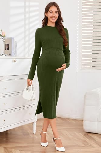 OUGES Women's Wool Blend Sweater Nursing Ribbed Fall Maternity Dress - color: Amy Green, size: Large
